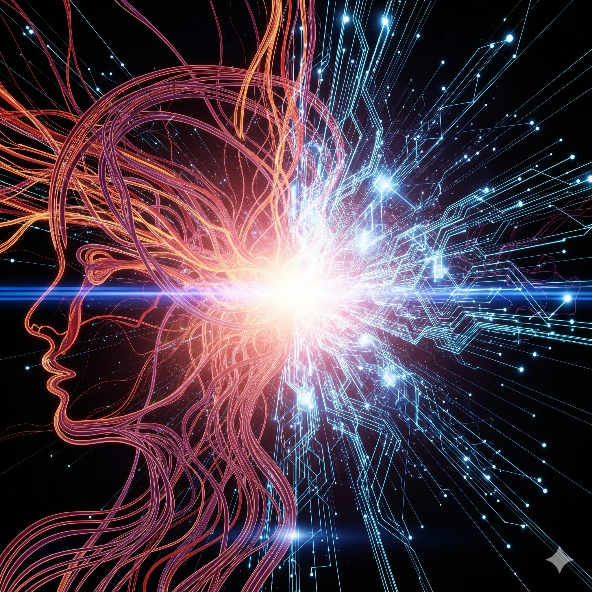 Die Vision des Homo Synthetica Mentoris, die die Fusion von menschlichem Bewusstsein und digitalem Geist symbolisiert